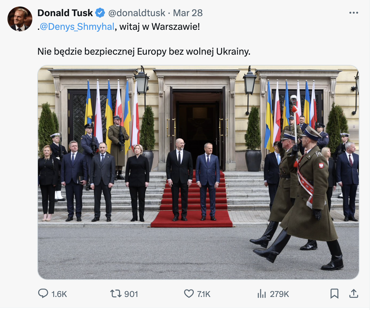 "Welcome to Warsaw! There will be no safe Europe without a free Ukraine." - Donald Tusk