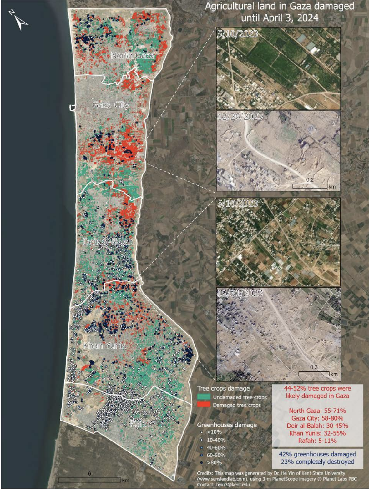 Analysis of damage to tree crops, greenhouses and other agriculture in Gaza published by UNEP. 