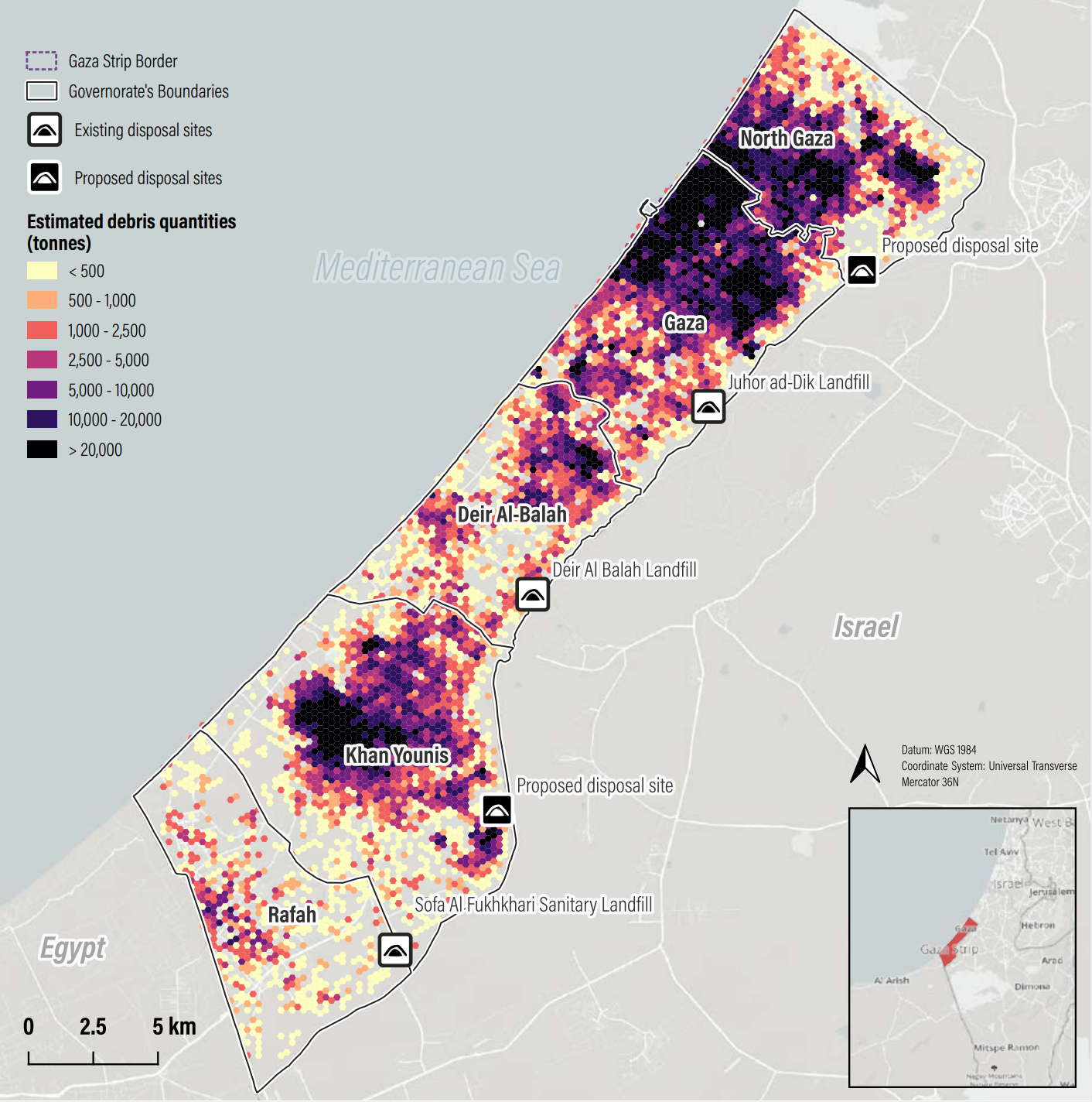 A UNEP map shows the concentration of 39,200,978 tons of debris across Gaza. 
