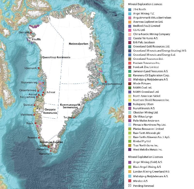 Map of mineral licenses and major mining projects in Greenland, as of 2014.