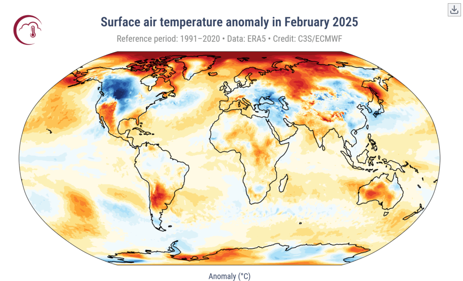  Surface air temperature anomaly in Febrary (Copernicus Climate Change Service)