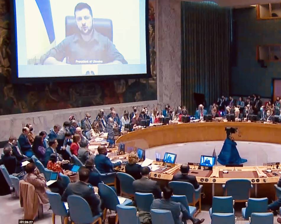 Ukraine's President Volodymyr Zelenskyy addresses the U.N. Security Council