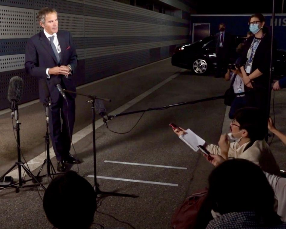 IAEA chief Rafael Grossi speaks to reporters in Vienna after returning from Iran