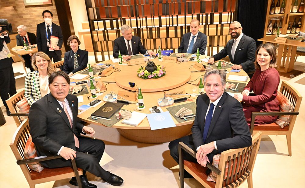 Foreign ministers from the Group of Seven wealthy democracies meet for a working dinner.
