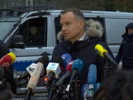Poland's President Andrzej-Sebastian-Duda takes questions while visiting the village of Przewodów