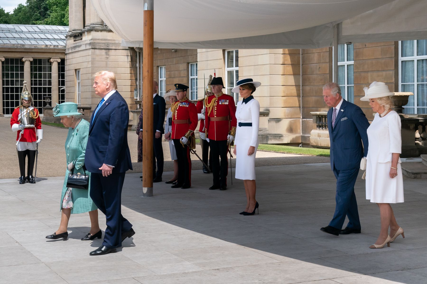 Queen Elizabeth II, President Donald Trump, First Lady Melania Trump, the Prince of Wales and Duchess of Cornwall at Buckingham Palace. 