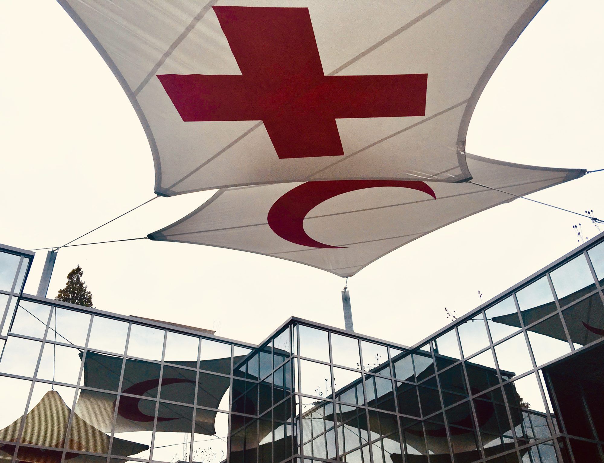 Flags above the International Red Cross and Red Crescent Museum in Geneva