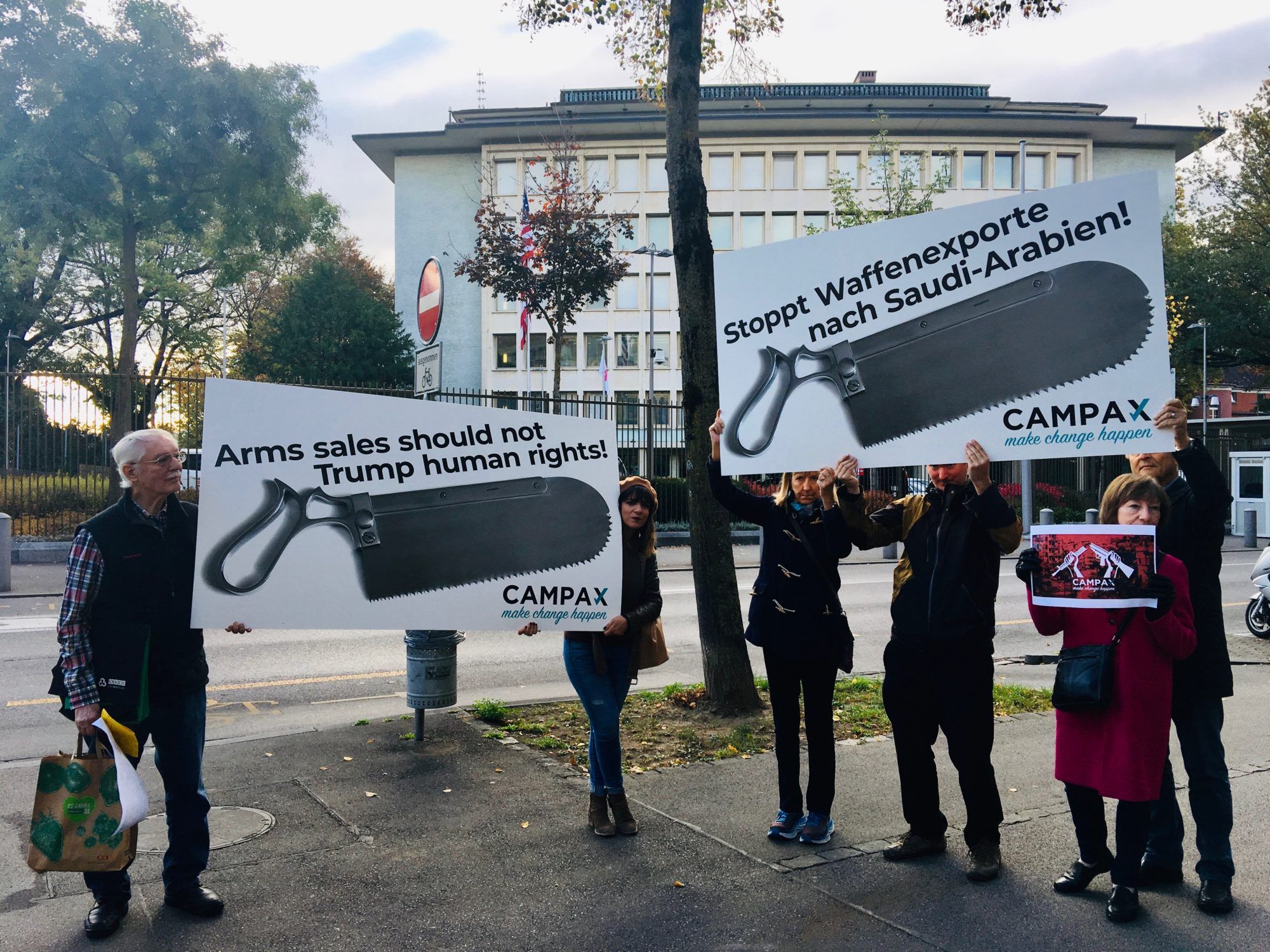 Protesters against global arms sales outside the U.S. Embassy in Bern, Switzerland